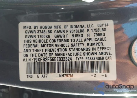 2014 Honda Civic Lx из США, поврежденный, VIN 19XFB2F56EE032324